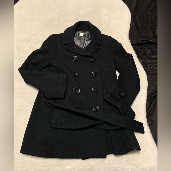 J CREW Womens Black Wool Blend Top Coat Sz 8 Petite Double Breasted Winter Heavy - Picture 1 of 7